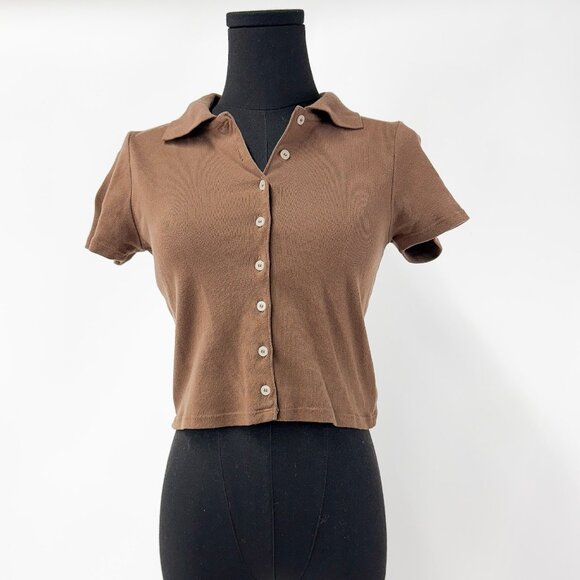 Brandy Melville Tops - BRANDY MELVILLE BROWN BUTTON UP COLLAR SHIRT